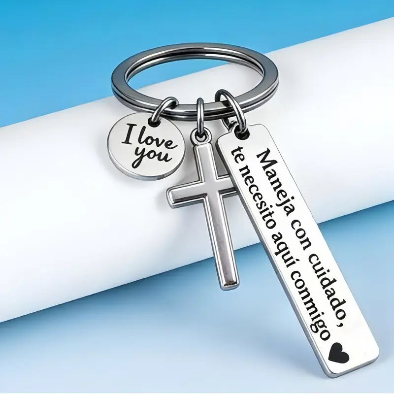 Spanish Drive-Safe Keychains with Cross Charm — Two-Piece Set