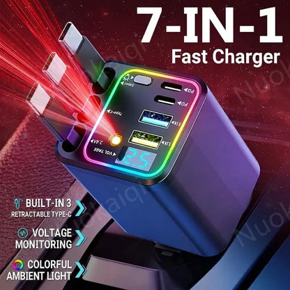 Nuokaiqi Retractable Car Charger with Ambient Light — 7 in 1 (3 cables)