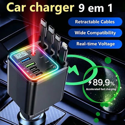 Nuokaiqi Retractable Car Charger with Ambient Light — 9 in 1 (4 cables)