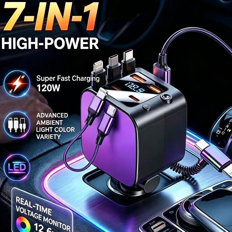 Nuokaiqi Retractable Car Charger with Ambient Light — 7 in 1 Ultra (3 cables)
