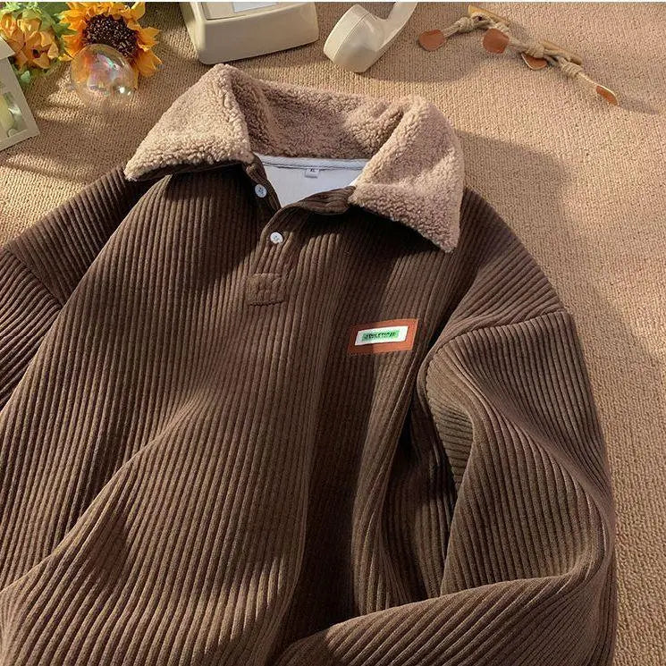 Corduroy Polo-Collar Long-Sleeve Pullover - brown-High‑demand color original variant photo