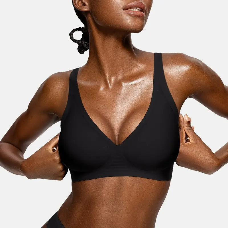 Wireless Deep V Seamless Bra with Fixed Padding - Black