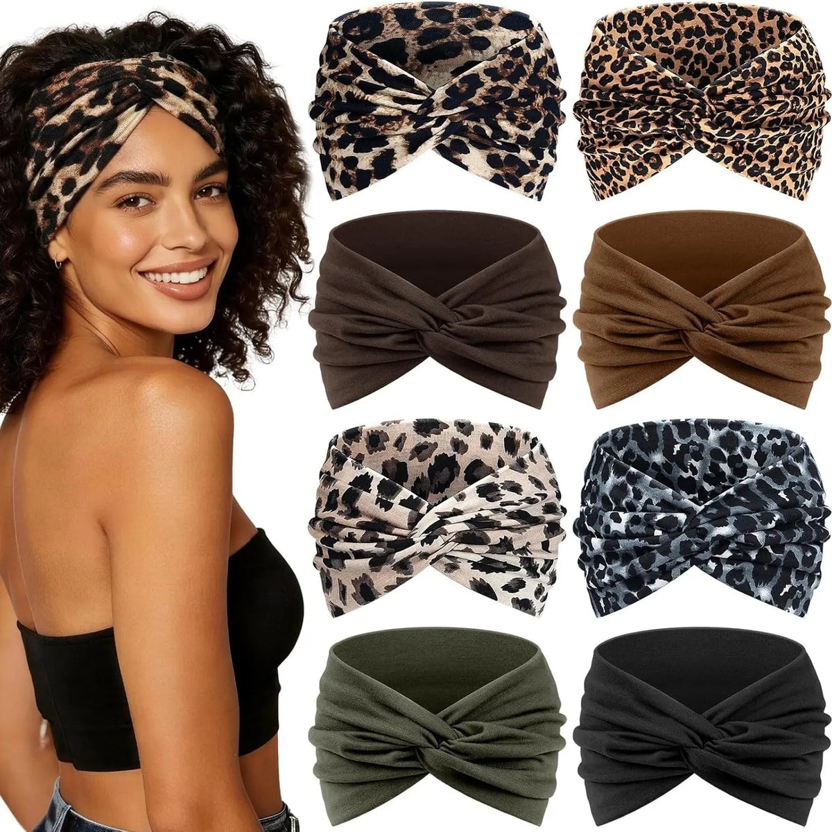 Eight Piece Leopard and Solid Headband Pack — 0