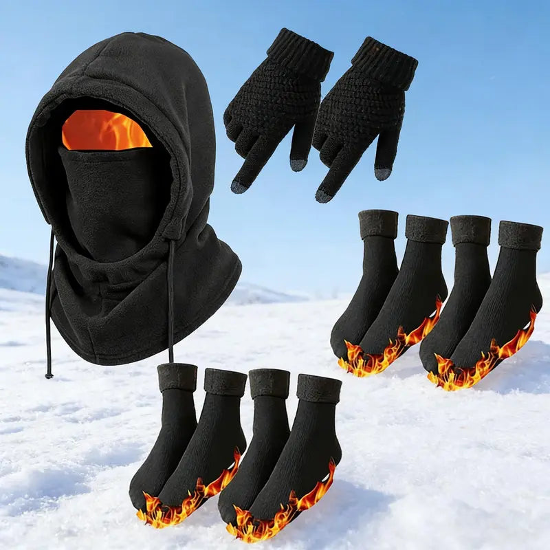 Black Hood, Gloves and Optional Socks Winter Kit - source design and use details