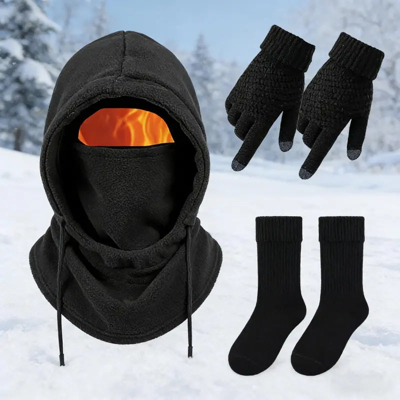 Black Hood, Gloves and Optional Socks Winter Kit - source design and use details