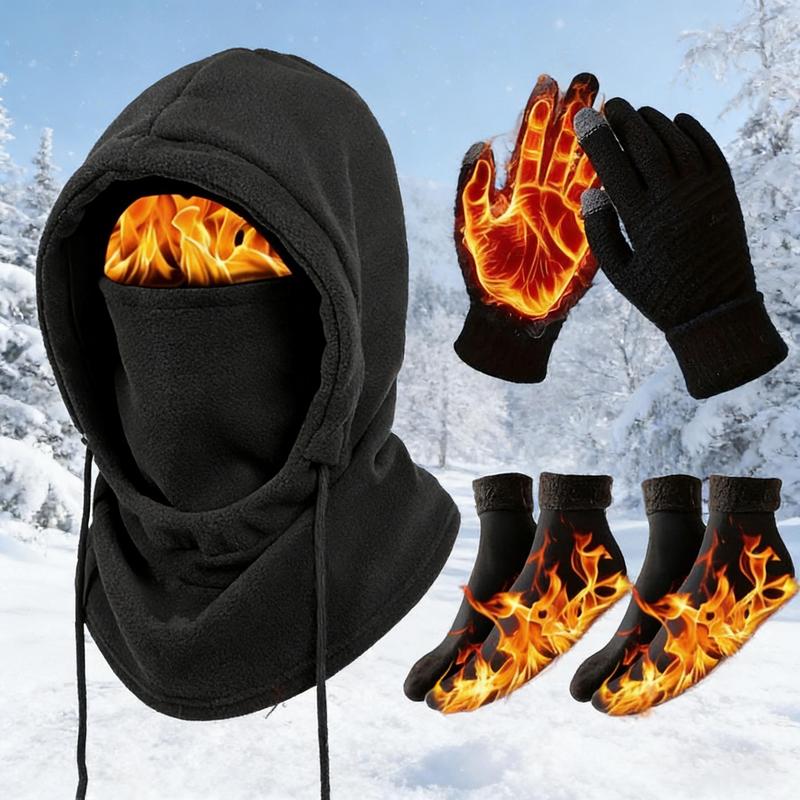 Black Hood, Gloves and Optional Socks Winter Kit - Four-piece set