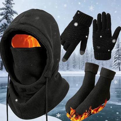 Black Hood, Gloves and Optional Socks Winter Kit - source design and use details