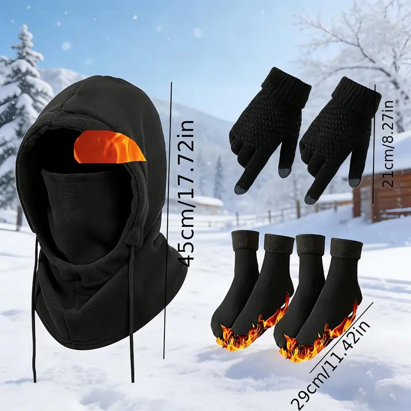 Black Hood, Gloves and Optional Socks Winter Kit - source design and use details