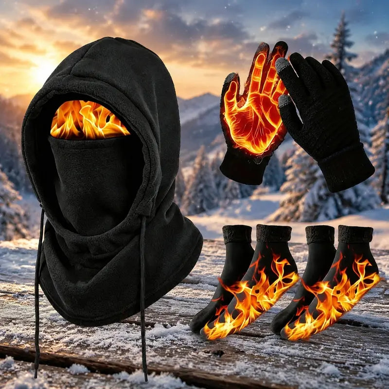 Black Hood, Gloves and Optional Socks Winter Kit - source design and use details