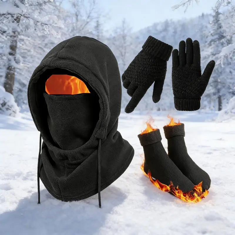 Black Hood, Gloves and Optional Socks Winter Kit - source design and use details