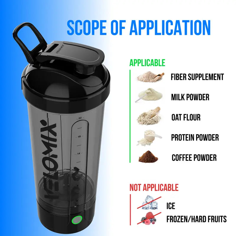 VELOMIX 24 oz USB-C Electric Shaker Bottle - source design and use details