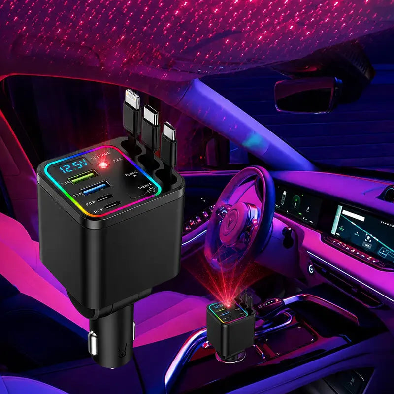 Retractable Car Charger with Star Light and Voltage Display — CC-STAR-3RET-PDQC-BLK