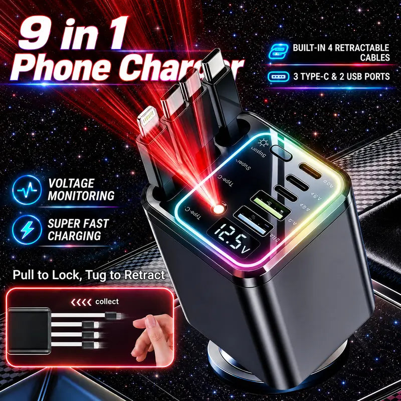 Retractable Car Charger with Star Light and Voltage Display