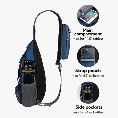 WATERFLY packable sling backpack - shared product features and use illustration