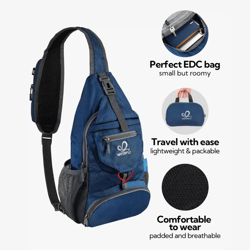WATERFLY packable sling backpack - shared product features and use illustration