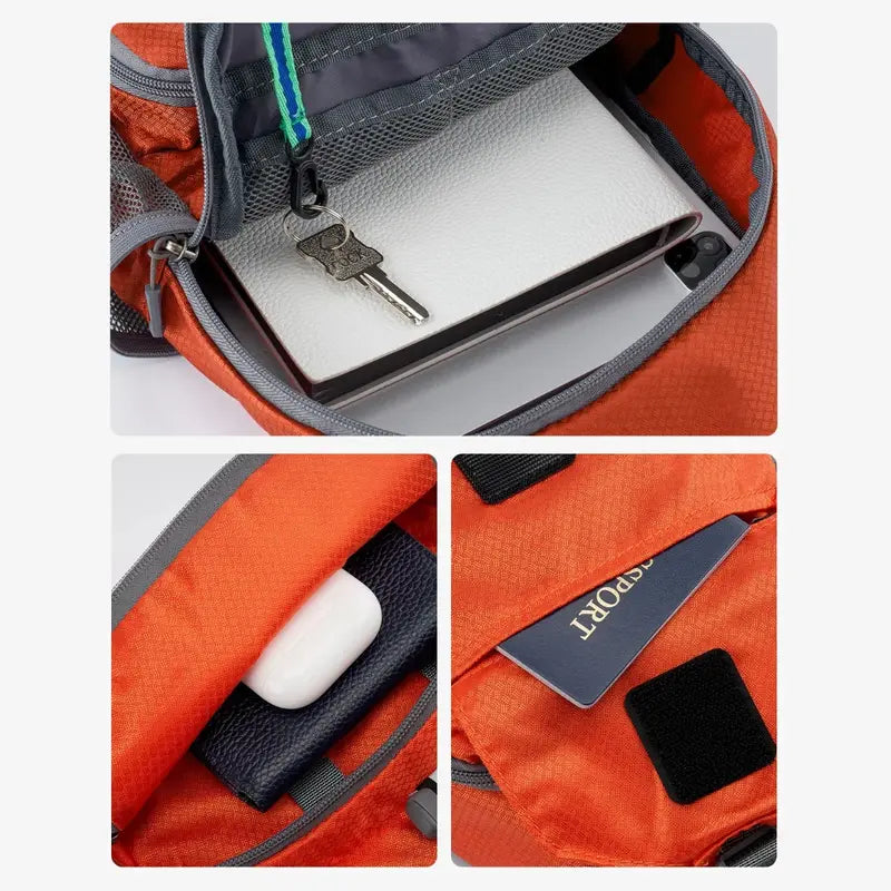 WATERFLY packable sling backpack - shared product features and use illustration