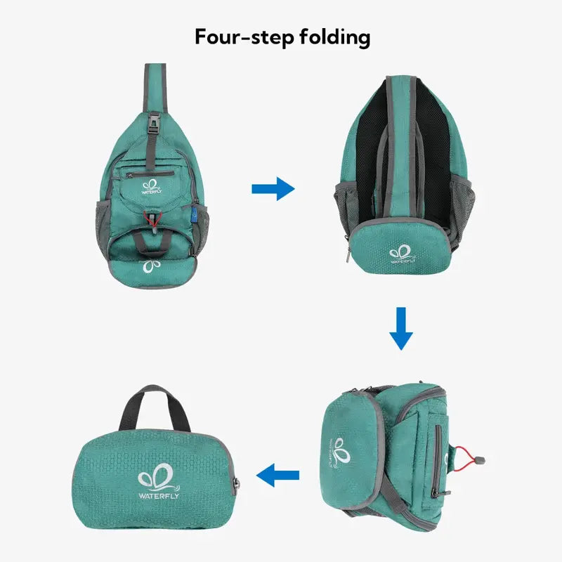 WATERFLY packable sling backpack - shared product features and use illustration