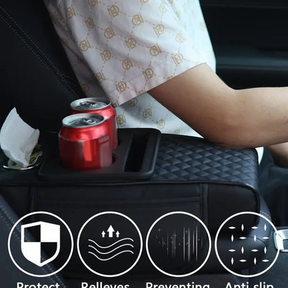 Black Car Armrest Cushion with Side Storage Pockets