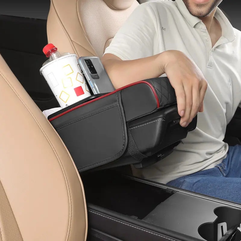Black Car Armrest Cushion with Side Storage Pockets