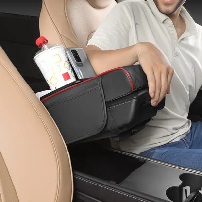 Black Car Armrest Cushion with Side Storage Pockets
