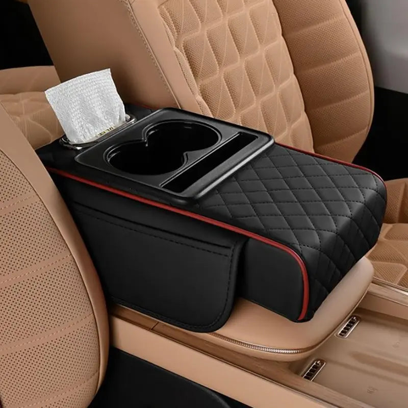Black Car Armrest Cushion with Side Storage Pockets