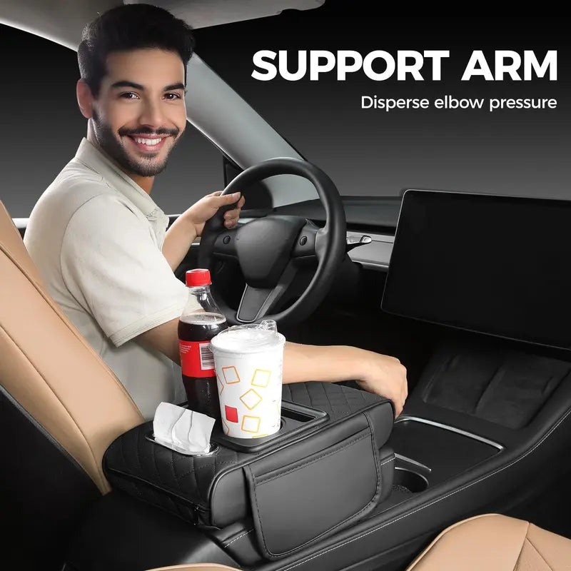Black Car Armrest Cushion with Side Storage Pockets
