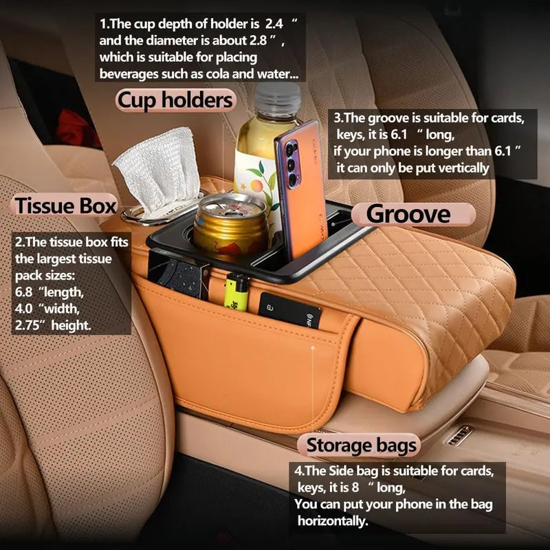 Black Car Armrest Cushion with Side Storage Pockets