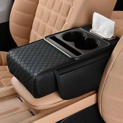 Black Car Armrest Cushion with Side Storage Pockets — Black