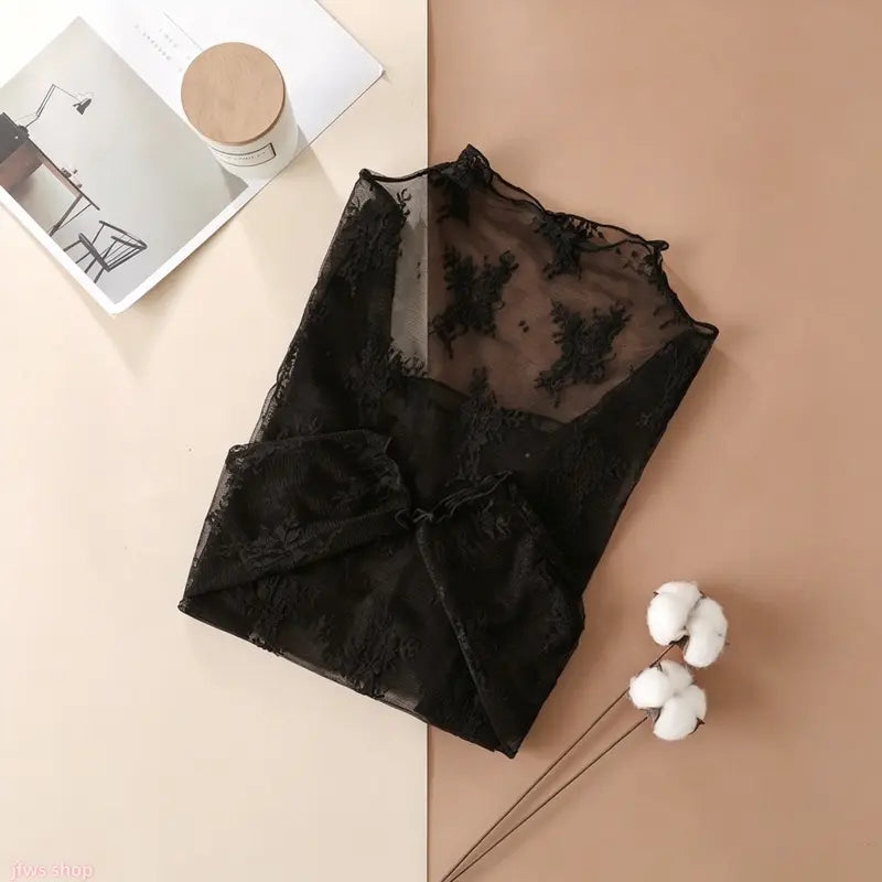 Floral Lace Mesh Long-Sleeve Layering Tops — 2-Pack - Black original variant photo