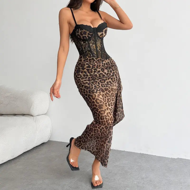 Leopard Mesh Dress with Side Ruching and Split Hem - original main gallery photo