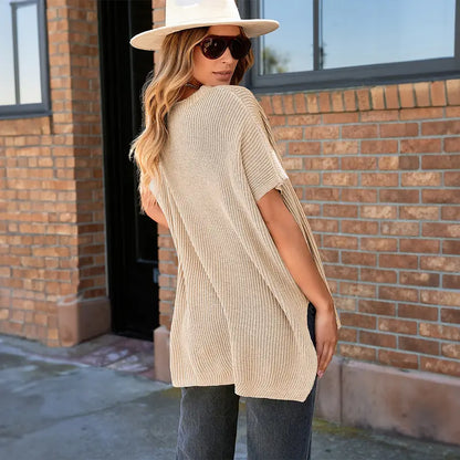 Oversized Short-Sleeve Knit Top with Split Hem - original gallery 3