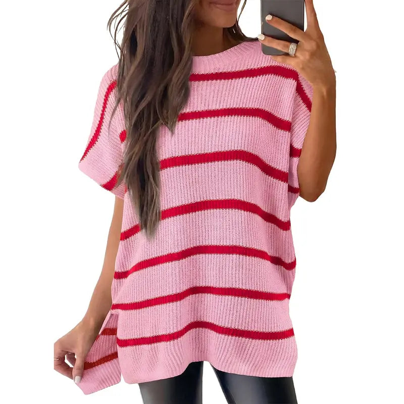 Oversized Short-Sleeve Knit Top with Split Hem - Pink-2 Striped