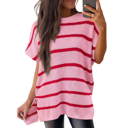 Oversized Short-Sleeve Knit Top with Split Hem - Pink-2 Striped