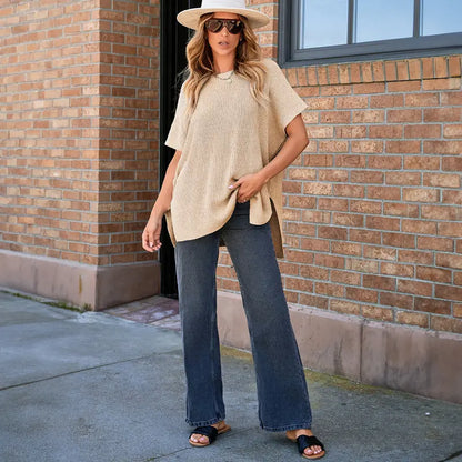 Oversized Short-Sleeve Knit Top with Split Hem - original gallery 4