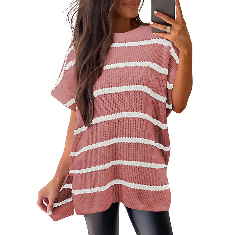 Oversized Short-Sleeve Knit Top with Split Hem - Pink Striped