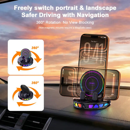 360° Rotating Wireless Charging Car Phone Holder with RGB Lights
