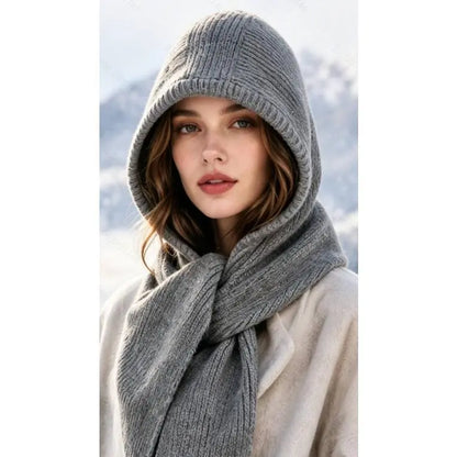 Women's Polyester Knit Hooded Scarf - Grey