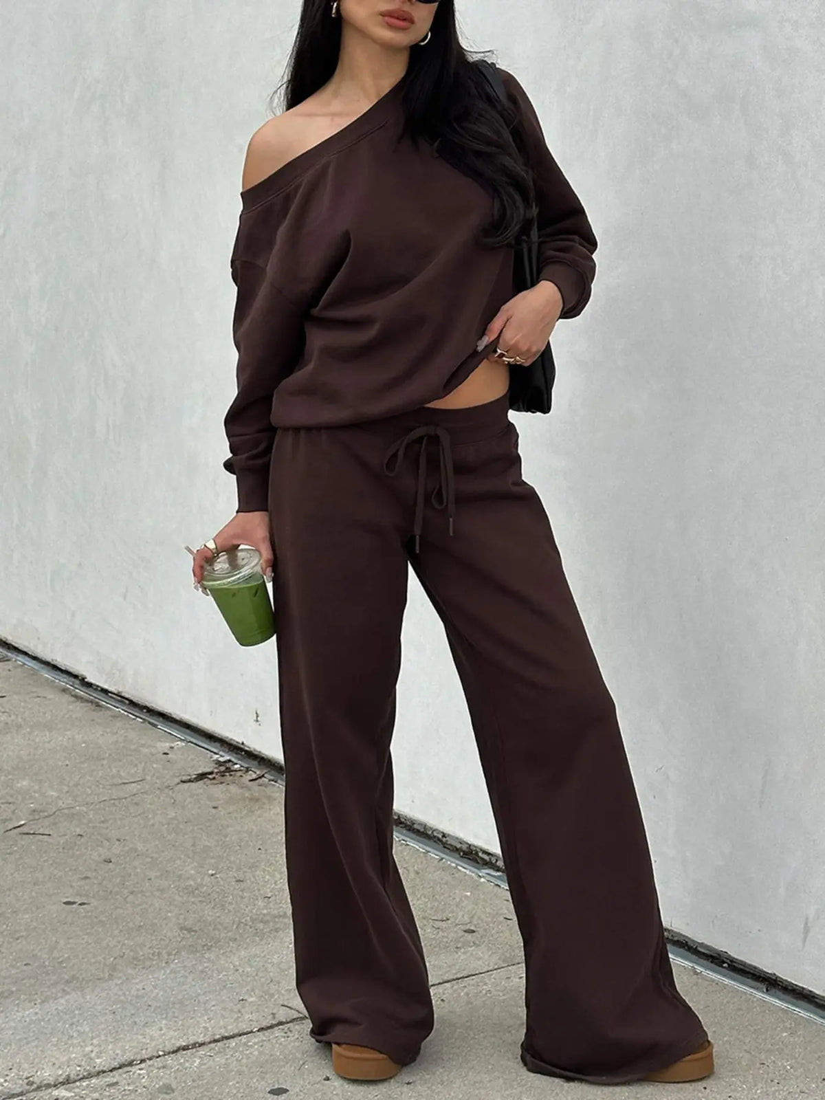 Off-Shoulder Long-Sleeve Top & Pants Set - Coffee brown original variant photo