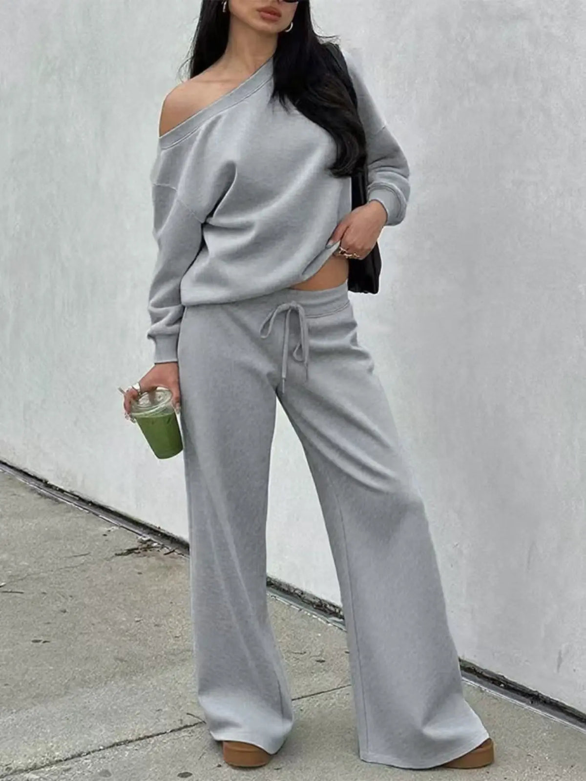 Off-Shoulder Long-Sleeve Top & Pants Set - Gray original variant photo