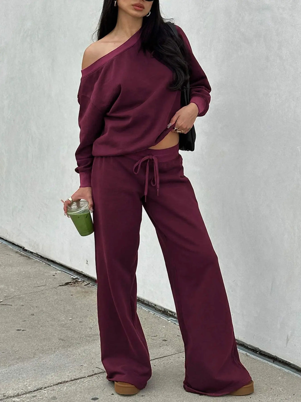 Off-Shoulder Long-Sleeve Top & Pants Set - Burgundy original variant photo
